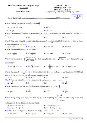 Đề thi thử lần II môn Toán Lớp 12 - Mã đề 143 - Năm học 2019-2020 - Trường THPT chuyên Quốc học